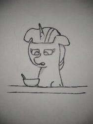 Size: 3120x4160 | Tagged: safe, artist:valuable ashes, imported from derpibooru, twilight sparkle, alicorn, pony, bowl, female, monochrome, solo, table, tired, traditional art