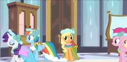 Size: 2160x1050 | Tagged: safe, imported from derpibooru, screencap, applejack, fluttershy, pinkie pie, rainbow dash, rarity, earth pony, pegasus, pony, unicorn, a canterlot wedding, alternate hairstyle, bedroom, bridesmaid, bridesmaid dress, canterlot castle, clothes, door, dress, eyes closed, floral head wreath, flower, flower in hair, happy, mirror, missing accessory, royal wedding, smiling, wardrobe