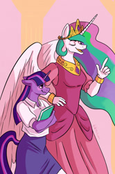 Size: 1562x2359 | Tagged: safe, artist:dixietexas, imported from derpibooru, princess celestia, twilight sparkle, alicorn, anthro, unicorn, big horn, blushing, book, button-up shirt, canterlot castle, clothes, crown, crush, dress, ethereal mane, eyebrows, eyelashes, eyes closed, feathered wings, female, hand on hip, horn, infatuation, jewelry, lesbian, listening, multicolored hair, multicolored tail, nostrils, regalia, shirt, short sleeves, skirt, tail, talking, teacher and student, tiara, unicorn horn, unicorn twilight, wavy mouth, wings