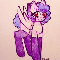 Size: 720x720 | Tagged: safe, artist:violetmilk, imported from derpibooru, oc, pegasus, pony, bow, brushing, crayon drawing, ear piercing, earring, hair bow, jewelry, leggings, long eyelashes, long socks, pegasus oc, piercing, pony oc, red eyes, signature, sketch, socks, spread wings, traditional art, white background, wings