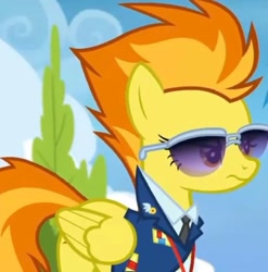 Size: 1532x1549 | Tagged: safe, imported from derpibooru, screencap, spitfire, pegasus, pony, top bolt, angry, annoyed, bush, clothes, cloud, cropped, drill sergeant, female, mare, necktie, solo, suit, sunglasses, uniform, whistle, whistle necklace, wonderbolts dress uniform