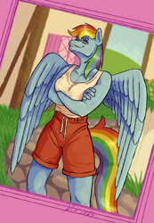 Size: 1595x2310 | Tagged: safe, artist:dixietexas, imported from derpibooru, rainbow dash, anthro, pegasus, arm under breasts, breasts, chin up, clothes, crossed arms, dutch angle, eyebrows, eyelashes, feathered wings, female, hips, multicolored hair, outdoors, pegasus wings, ponyville, pose, rainbow hair, rainbow tail, shorts, sleeveless, smiling, solo, spread wings, tail, tanktop, thighs, tomboy, wings