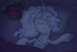 Size: 1007x689 | Tagged: safe, anonymous artist, imported from derpibooru, pony, unicorn, series:misty pov, bed, black eye, bruised, dialogue, female, g5, implied opaline arcana, mare, misty brightdawn, misty can't catch a break, misty deserves better, pillow, skinny, sleeping