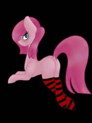 Size: 720x960 | Tagged: safe, imported from derpibooru, pinkie pie, earth pony, pony, black background, butt, clothes, female, looking at you, mare, pinkamena diane pie, plot, simple background, socks, solo, striped socks