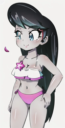 Size: 324x640 | Tagged: safe, editor:ah96, editor:luckreza8, imported from derpibooru, octavia melody, human, equestria girls, ai content, ai generated, anime, bikini, blushing, breasts, busty octavia melody, clothes, eye clipping through hair, eyebrows, eyebrows visible through hair, female, generator:imgcreator, hand on hip, happy, octavia's beach shorts swimsuit, simple background, smiling, solo, swimsuit, white background