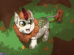 Size: 2400x1800 | Tagged: safe, artist:passionpanther, imported from derpibooru, autumn blaze, kirin, autumn, autumn leaves, awwtumn blaze, cute, female, forest, leaves, looking up, mare, solo