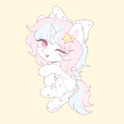 Size: 800x800 | Tagged: safe, artist:_nillabean_, imported from derpibooru, oc, pony, unicorn, chibi, female, mare, one eye closed, simple background, solo, wink, yellow background