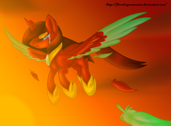 Size: 822x604 | Tagged: safe, artist:firedragonmoon15, imported from derpibooru, oc, oc:phoenix scarletruby, alicorn, pony, brown mane, brown tail, colored wings, crying, feather, flying, gradient background, hoof shoes, jewelry, mint wings, necklace, red coat, red wings, tail, two toned wings, wings