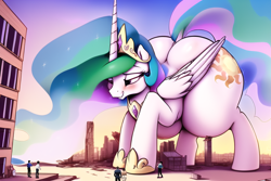 Size: 768x512 | Tagged: safe, editor:giantpony, imported from derpibooru, princess celestia, alicorn, pony, affection, ai content, ai generated, blushing, butt, curious, estrus, female, generator:novelai, generator:stable diffusion, giant pony, giantess, giantlestia, growth, height difference, huge butt, large butt, leaning forward, macro, macro/micro, squishy butt, story included, sunbutt, the ass was fat, thicc thighs, wide hips