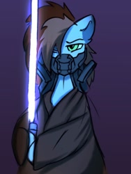 Size: 1500x2000 | Tagged: safe, artist:freak-side, imported from derpibooru, oc, oc only, pony, cloak, clothes, gas mask, jedi, mask, simple background, solo, star wars, sword, weapon