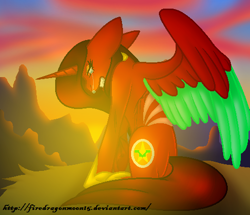 Size: 494x424 | Tagged: safe, artist:firedragonmoon15, imported from derpibooru, oc, oc:phoenix scarletruby, alicorn, pony, brown mane, brown tail, cliff, colored wings, crying, ears back, gritted teeth, head down, hoof shoes, jewelry, lidded eyes, lowres, mint wings, necklace, red coat, red wings, sitting, spread wings, sunset, tail, teeth, two toned wings, wings