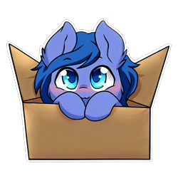 Size: 3464x3464 | Tagged: artist needed, safe, imported from derpibooru, oc, earth pony, pony, blushing, box, cardboard box, earth pony oc, pony in a box, remake, simple background, solo, sticker, transparent background