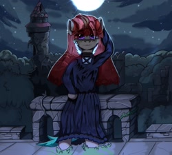 Size: 2940x2650 | Tagged: safe, artist:freak-side, imported from derpibooru, oc, oc only, earth pony, pony, semi-anthro, clothes, grass, hooves, looking at you, moon, night, robe, ruins, sitting, solo, tower