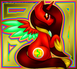 Size: 670x602 | Tagged: safe, artist:firedragonmoon15, imported from derpibooru, oc, oc:phoenix scarletruby, alicorn, pony, abstract background, brown mane, brown tail, colored wings, hoof shoes, jewelry, looking at you, mint wings, necklace, raised hoof, red coat, red wings, sitting, smiling, spread wings, tail, two toned wings, wings