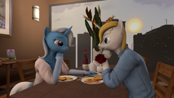 Size: 3840x2160 | Tagged: safe, artist:coolc, imported from derpibooru, prince blueblood, trixie, anthro, 3d, alcohol, bluetrix, date, female, flower, flower in mouth, male, mouth hold, shipping, sitting, source filmmaker, straight, wine