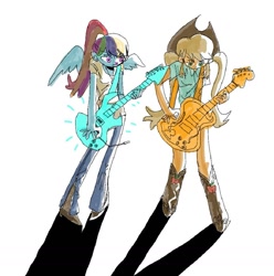 Size: 1009x1016 | Tagged: safe, artist:aoh2jz, imported from derpibooru, applejack, rainbow dash, human, equestria girls, bass guitar, electric guitar, guitar, musical instrument, shadow, sketch