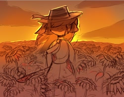 Size: 890x697 | Tagged: safe, artist:freak-side, imported from derpibooru, oc, pony, semi-anthro, crying, dawn, field, flower, hat, looking at you, necktie, smiling, smiling at you, solo, sunflower