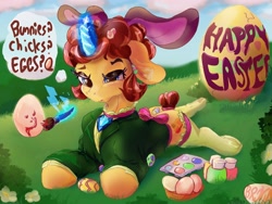 Size: 3200x2400 | Tagged: safe, artist:br0via, imported from derpibooru, oc, oc:cowbellica, pony, clothes, easter, easter egg, female, happy easter, holiday, magic, mare, solo, telekinesis