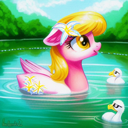 Size: 512x512 | Tagged: safe, imported from derpibooru, lily, lily valley, bird, duck, duck pony, hybrid, pony, ai content, ai generated, beautiful, cute, generator:stable diffusion, lake, lilybetes, pony hybrid, solo, sunglasses, swimming, water