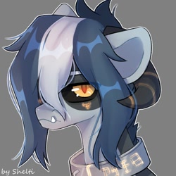 Size: 1000x1000 | Tagged: safe, artist:shelti, imported from derpibooru, oc, oc only, pony, bust, collar, colored pupils, colored sclera, commission, fangs, gray background, hair over one eye, horns, male, simple background, slit pupils, solo, stallion, underbite