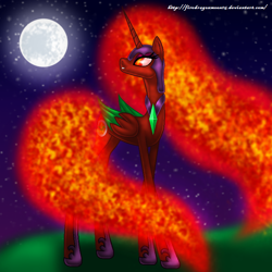 Size: 800x800 | Tagged: safe, artist:firedragonmoon15, imported from derpibooru, oc, oc:nightmare phoenix, alicorn, pony, colored wings, green wings, helmet, hoof shoes, jewelry, looking at the moon, looking at the sky, mane of fire, moon, necklace, night, night sky, red coat, red wings, sky, standing, tail, tail of fire, two toned wings, wings