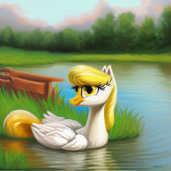 Size: 512x512 | Tagged: safe, imported from derpibooru, lily, lily valley, bird, duck, duck pony, hybrid, pony, ai content, ai generated, generator:stable diffusion, lake, pony hybrid, solo, swimming, water