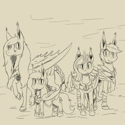 Size: 1000x1000 | Tagged: safe, artist:darkhestur, imported from derpibooru, oc, oc:backgroundpony#f352, oc:blood moon, oc:dark, oc:jade the bat, bat pony, april fools 2023, armor, bat pony oc, monochrome, new lunar republic, old photo, simple background, soldiers, war