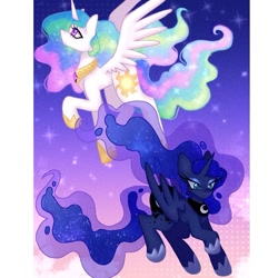 Size: 987x987 | Tagged: safe, artist:violetmilk, imported from derpibooru, princess celestia, princess luna, alicorn, pony, crown, duo, duo female, female, jewelry, regalia, royal sisters, siblings, sisters, stars