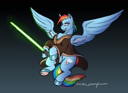 Size: 2000x1450 | Tagged: safe, artist:neon_vampurr, imported from derpibooru, rainbow dash, pegasus, pony, clothes, female, jedi, lightsaber, mare, robe, solo, star wars, weapon