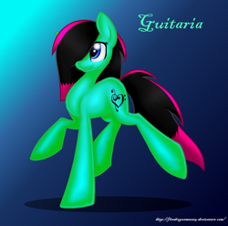Size: 1052x1042 | Tagged: safe, artist:firedragonmoon15, imported from derpibooru, oc, earth pony, pony, black mane, blue eyes, cutie mark, gradient background, green coat, pink mane, smiling, two toned mane
