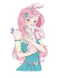 Size: 768x1024 | Tagged: safe, artist:yuiisshy, imported from derpibooru, angel bunny, fluttershy, human, hug, humanized, simple background, white background