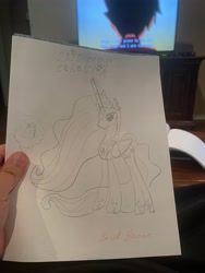 Size: 3024x4032 | Tagged: safe, artist:brisk bronco, derpibooru exclusive, imported from derpibooru, princess celestia, alicorn, pony, cake, cakelestia, female, food, lineart, magic, mare, photo, solo, telekinesis, traditional art