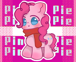 Size: 732x598 | Tagged: safe, alternate version, artist:m06197773, imported from derpibooru, pinkie pie, earth pony, pony, blushing, clothes, female, mare, scarf, solo, text