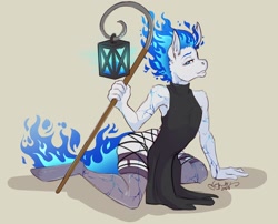 Size: 2190x1770 | Tagged: safe, artist:skuttz, imported from derpibooru, oc, oc only, anthro, earth pony, unguligrade anthro, clothes, cracks, dress, fire hair, lamp, lidded eyes, looking at you, mane of fire, solo, stockings, thigh highs