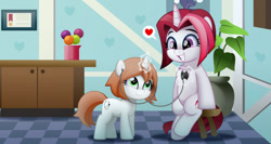 Size: 1000x533 | Tagged: safe, artist:jhayarr23, imported from derpibooru, cayenne, oc, pony, unicorn, commission, doctor's office, duo, duo female, female, heart, looking at each other, looking at someone, magic, mare, sitting, smiling, speech bubble, stethoscope, stool, telekinesis