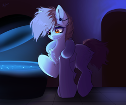 Size: 3000x2500 | Tagged: safe, artist:mysha, imported from derpibooru, oc, oc only, oc:brushed light, earth pony, blackout lenses, contact lens, ear plugs, earth pony oc, female, mare, sensory deprivation