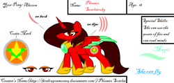Size: 847x405 | Tagged: safe, artist:firedragonmoon15, imported from derpibooru, oc, oc:phoenix scarletruby, alicorn, pony, brown mane, brown tail, colored wings, cute, hoof shoes, jewelry, looking at you, mint wings, necklace, red coat, red wings, reference sheet, simple background, smiling, standing, tail, two toned wings, white background, wings