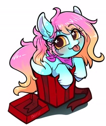 Size: 2189x2602 | Tagged: safe, artist:skuttz, imported from derpibooru, oc, oc only, earth pony, pony, :3, blushing, box, chibi, eyebrows, eyebrows visible through hair, looking at you, neckerchief, pony in a box, present, raspberry, smiling, solo, tongue out