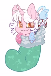 Size: 1709x2556 | Tagged: safe, artist:skuttz, imported from derpibooru, oc, oc only, pony, unicorn, :3, bow, candy, candy cane, chibi, christmas, christmas stocking, food, hair bow, holiday, looking at you, smiling, solo