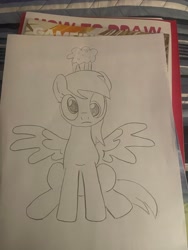 Size: 3024x4032 | Tagged: safe, artist:brisk bronco, derpibooru exclusive, imported from derpibooru, derpy hooves, pegasus, pony, female, food, lineart, looking at you, muffin, photo, sitting, solo, spread wings, traditional art, wings