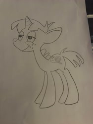 Size: 3024x4032 | Tagged: safe, artist:brisk bronco, derpibooru exclusive, imported from derpibooru, snails, pony, unicorn, colt, foal, lidded eyes, lineart, male, photo, solo, traditional art