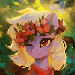 Size: 2500x2500 | Tagged: safe, artist:dearmary, imported from derpibooru, oc, oc only, pony, female, floral head wreath, flower, flower in hair, freckles, mare, one eye closed, solo