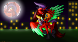 Size: 3140x1700 | Tagged: safe, artist:firedragonmoon15, imported from derpibooru, oc, oc:nightmare phoenix, oc:phoenix scarletruby, alicorn, pony, brown mane, brown tail, city, clothes, colored wings, costume, hat, high res, jewelry, mint wings, moon, necklace, nightmare night, nightmare night costume, red coat, red wings, running, spread wings, tail, two toned wings, wings, witch hat