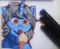 Size: 1600x1309 | Tagged: safe, artist:freak-side, imported from derpibooru, oc, oc only, pony, unicorn, food, glasses, ice cream, licking, marker drawing, solo, tongue out, traditional art