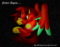 Size: 668x524 | Tagged: safe, artist:firedragonmoon15, imported from derpibooru, oc, oc:phoenix scarletruby, alicorn, pony, abstract background, brown mane, brown tail, colored wings, crying, hoof shoes, jewelry, lying down, mint wings, necklace, on side, red coat, red wings, scar, spread wings, tail, two toned wings, wings