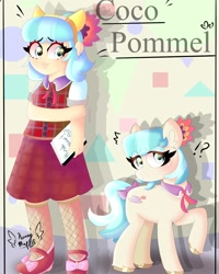 Size: 1080x1350 | Tagged: safe, artist:honey_mapple1, imported from derpibooru, coco pommel, earth pony, human, pony, bow, clothes, dress, female, humanized, mare, notebook, raised hoof, tail, tail bow, text