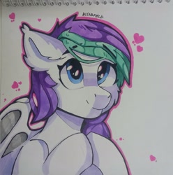 Size: 1589x1600 | Tagged: safe, artist:freak-side, imported from derpibooru, oc, oc only, bat pony, pony, cute, female, heart, looking up, marker drawing, photo, smiling, solo, traditional art