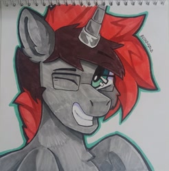 Size: 1575x1600 | Tagged: safe, artist:freak-side, imported from derpibooru, pony, unicorn, glasses, looking at you, male, marker drawing, one eye closed, photo, smiling, solo, traditional art