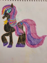 Size: 4032x3024 | Tagged: safe, artist:mintwhistle, derpibooru exclusive, imported from derpibooru, nightmare moon, sunny starscout, earth pony, pony, armor, coat markings, colored pencil drawing, cosplay, costume, ethereal mane, ethereal tail, female, g4, g5, g5 to g4, generation leap, hairband, helmet, hilarious in hindsight, hoof shoes, looking at you, mare, multicolored hair, nightmare moon armor, nightmare night costume, nightmare sunny, nightmarified, old art, peytral, raised hoof, sketchbook, smiling, smiling at you, socks (coat markings), solo, standing, starry eyes, starry mane, tail, traditional art, wingding eyes