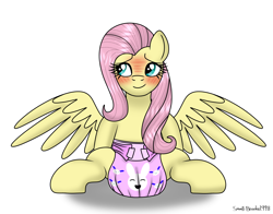 Size: 3856x3030 | Tagged: safe, artist:lynnthenerdkitty, imported from derpibooru, fluttershy, pegasus, pony, blushing, commission, diaper, diaper fetish, female, fetish, non-baby in diaper, simple background, sitting, solo, spread wings, white background, wings